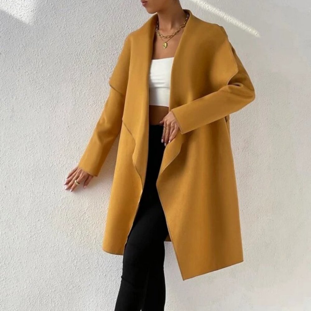 Belted Waterfall Collar Trench Overcoat Coat Jacket - Picture 3 of 6